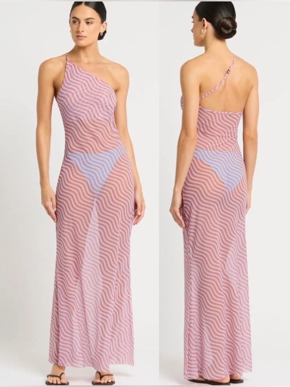 Bond-Eye Amelia One-Shoulder Pink Wave-Print Maxi Cover Up Dress M/L NWT